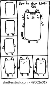 How to draw a cat. Vector illustration. Kawaii style. Cat drawings step by step. Fat cat.