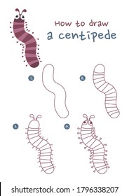 How to draw a centipede vector illustration. Draw a centipede step by step. Centipede cartoon drawing guide. Cute and easy drawing guidebook.