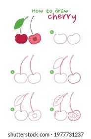 How to draw a cherry vector illustration. Draw a cherry step by step. Cherry drawing guide. Cute and easy drawing guidebook.