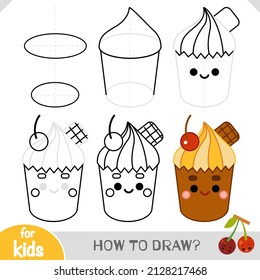 How to draw Chocolate cupcake with a cute face for children. Step by step drawing tutorial. A simple guide to learning to draw