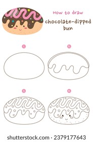 How to draw chocolate dipped bun vector illustration. Draw chocolate coated bread step by step. Cute and easy drawing guide.