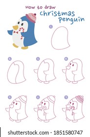How to draw Christmas penguin vector illustration  Draw penguin step by step  Christmas penguin drawing guide  Cute   easy drawing guidebook 