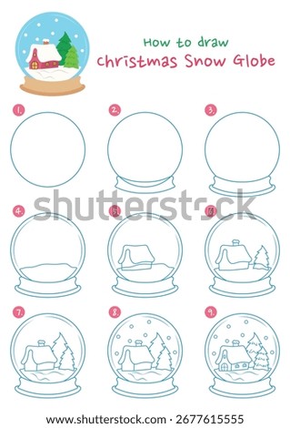 How to draw Christmas snow globe vector illustration. Draw Christmas globe step by step. Cute and easy drawing guide.