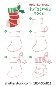 How to draw a Christmas sock vector illustration. Draw a Christmas sock gift bag step by step. Christmas sock drawing guide. Cute and easy drawing guidebook.