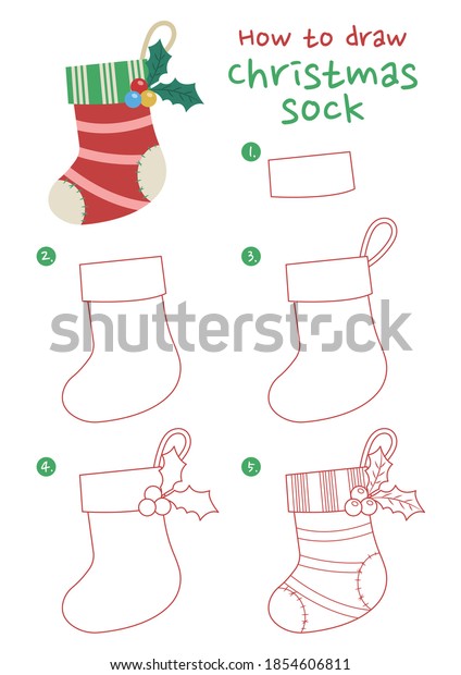 クリスマスの靴下のベクターイラストの描き方 クリスマスの靴下のギフトバッグを一歩ずつ引きずる クリスマスソックスの描画ガイド かわいくて簡単な描画ガイドブック のベクター画像素材 ロイヤリティフリー