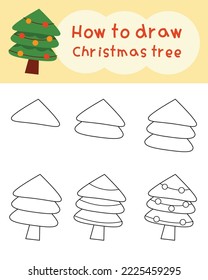How to draw christmas tree cartoon. Easy drawing for learning, play, education, art, kids