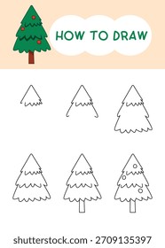 Cómo dibujar un árbol de Navidad dibujado a mano paso a paso para el aprendizaje, las Navidades, el niño, la educación y el invierno
