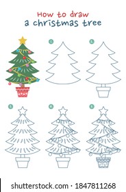 Cómo dibujar una ilustración vectorial de árbol de navidad. Dibujar un árbol de navidad paso a paso. Guía de dibujo del árbol de Navidad. Guía de dibujo suave y sutil.