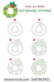 Cómo dibujar la Ilustración vectorial de la corona de Navidad. Dibuja una corona de Navidad paso a paso. Linda y fácil guía de dibujo.