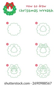 How to draw christmas wreath vector illustration. Draw christmas wreath step by step. Cute and easy drawing guide.