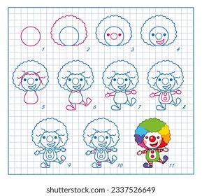 How to Draw Circus Clown, Step by Step Lesson for Kids cartoon vector illustration