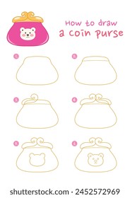 How to draw a coin purse vector illustration. Draw a purse step by step. Cute and easy drawing guide.