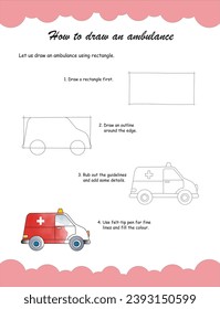 How to draw and color an ambulance  for children. Step by step drawing tutorial. A simple guide to learning to draw. Drawing and coloring worksheet. Coloring an ambulance.