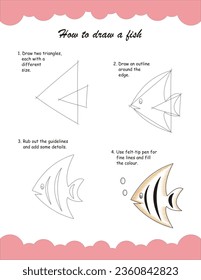 How to draw and color a fish for children. Step by step drawing tutorial. A simple guide to learning to draw. Drawing and coloring worksheet. Coloring fish, Line, geometric shape, abstract,