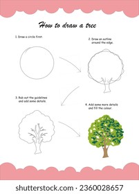 How to draw and color a tree for children. Step by step drawing tutorial. A simple guide to learning to draw. Drawing and coloring worksheet. Coloring tree, Line, geometric shape, abstract,