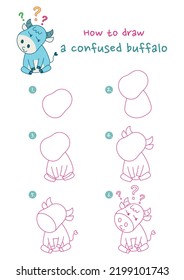 How To Draw A Confused Buffalo Vector Illustration. Draw A Buffalo Step By Step. Cute And Easy Drawing Guide.