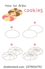 How to draw cookies vector illustration. Draw cookies step by step. Cute and easy drawing guide.