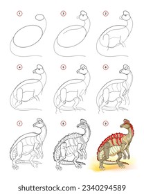 How to draw corythosaurus. Educational page for children. Creation step by step prehistoric animal illustration. Printable worksheet for kids school exercise book. Online education. Vector drawing.