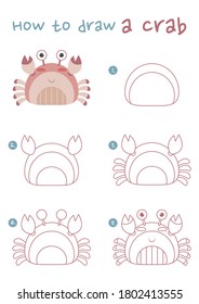 How to draw a crab vector illustration. Draw a crab step by step. Crab drawing guide. Cute and easy drawing guidebook.