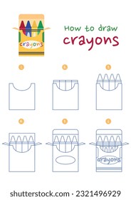 How to draw crayons vector illustration. Draw a box of crayons step by step. Cute and easy drawing guide.