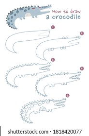 How to draw a crocodile vector illustration. Draw a crocodile step by step. Alligator drawing guide. Cute and easy drawing guidebook.
