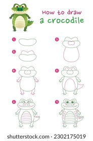 So zeichnen Sie eine Krokodilvektorgrafik. Zeichne Schritt für Schritt einen Alligator. Geräumige und einfache Reiseleitung.
