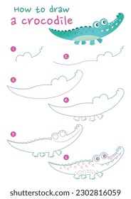 How to draw a crocodile vector illustration. Draw an alligator step by step. Cute and easy drawing guide.