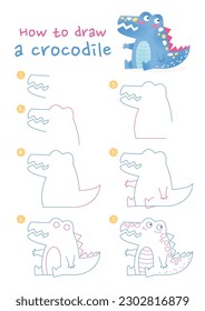How to draw a crocodile vector illustration. Draw an alligator step by step. Cute and easy drawing guide.