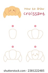 How to draw croissant vector illustration. Draw french bread step by step. Cute and easy drawing guide.