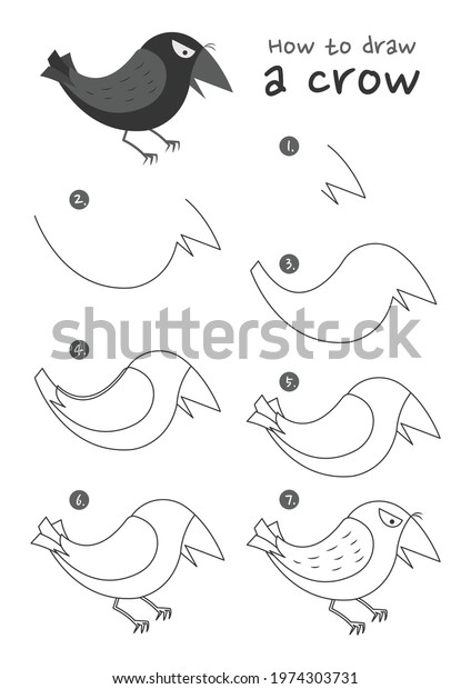 How to draw a crow bird vector illustration.\
Draw a crow step by step. Crow bird drawing guide. Cute and easy\
drawing guidebook.
