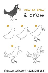 How to draw a crow holding a pebble vector illustration. Draw a raven holding a stone step by step. Cute and easy drawing guide.