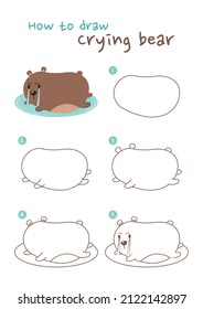How to draw a crying bear vector illustration. Draw crying fat bear step by step. Cute and easy drawing guide.