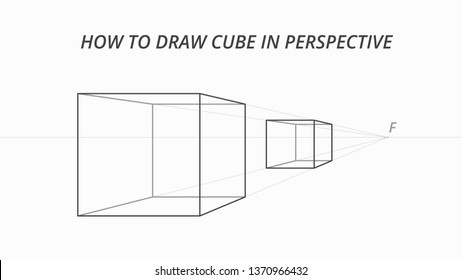 How to draw cube in perspective. Drawing scheme of three-dimensional objects. Vector illustration. Level of the horizon, vanishing point, auxiliary lines of perspective. 3D cube drawing process.