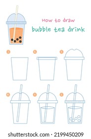 How to draw a cup of bubble tea vector illustration. Draw a glass of bubble tea step by step. Cute and easy drawing guide.