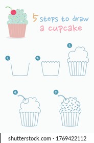 How to draw a cupcake vector illustration. 5 steps to draw a cupcake. Soft cream drawing guide. Cute and easy drawing guidebook. 