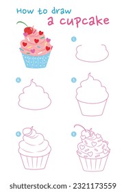 How to draw a cupcake vector illustration. Draw a cupcake step by step. Cute and easy drawing guide.