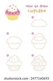 Cómo dibujar Ilustración vectorial de cupcake. Dibuja un cupcake de crema paso a paso. Guía de dibujo lindo y fácil.