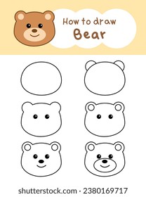 How to draw cute bear cartoon step by step for learning, kid, education, coloring book. Vector illustration