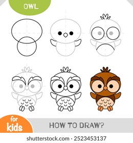 Cómo dibujar el búho lindo del personaje de dibujos animados para niños. Tutorial de dibujo paso a paso. Una guía sencilla para aprender a dibujar