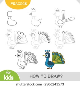 How to draw cute cartoon Peacock . Step by step drawing tutorial for children. A simple guide to learning to draw