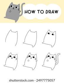 Cómo dibujar dibujos animados de gatos lindos paso a paso para aprender, niños, educación y libro para colorear. Ilustración vectorial