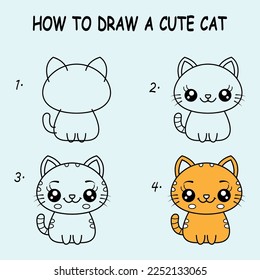 How to draw a Cute Cat. Good for drawing child kid illustration. Vector illustration	
