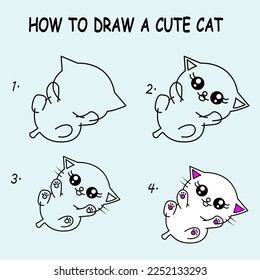 How to draw a Cute Cat. Good for drawing child kid illustration. Vector illustration	
