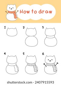 How to draw cute cat snowman cartoon for christmas, winter, coloring book and education. Vector illustration