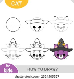 How to draw Cute cat with wizard hat for children. Step by step drawing tutorial. A simple guide to learning to draw