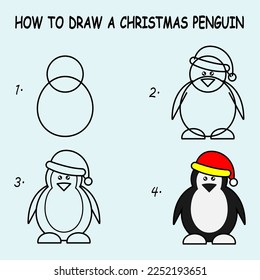 How to draw a Cute Christmas Penguin. Good for drawing child kid illustration. Vector illustration	
