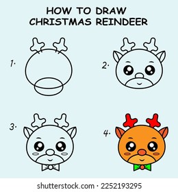 How to draw a Cute Christmas Reindeer. Good for drawing child kid illustration. Vector illustration	
