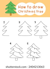 How to draw cute christmas tree for coloring book and education. Vector illustration