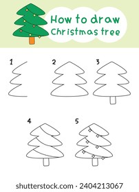 Cómo dibujar un lindo árbol de navidad para colorear libros y educación. Ilustración del vector