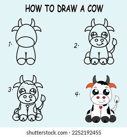 How to draw a Cute Cow. Good for drawing child kid illustration. Vector illustration	
